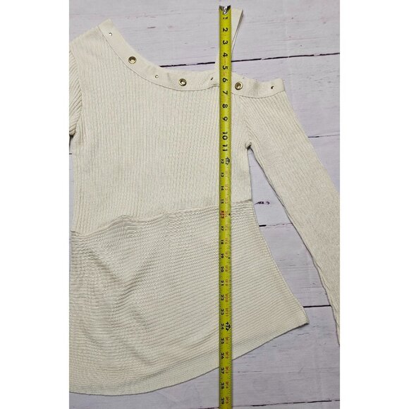 VENUS S IVORY CREAM COLD SHOULDER RIBBED KNIT GTOMMET TUNIC SIDE SLIT SWEATER TO - Picture 5 of 15